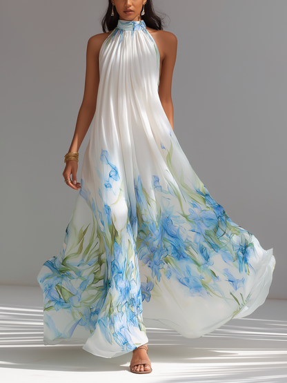 Women's Elegant White Printed Chiffon Halter-Neck Sleeveless Maxi Dress