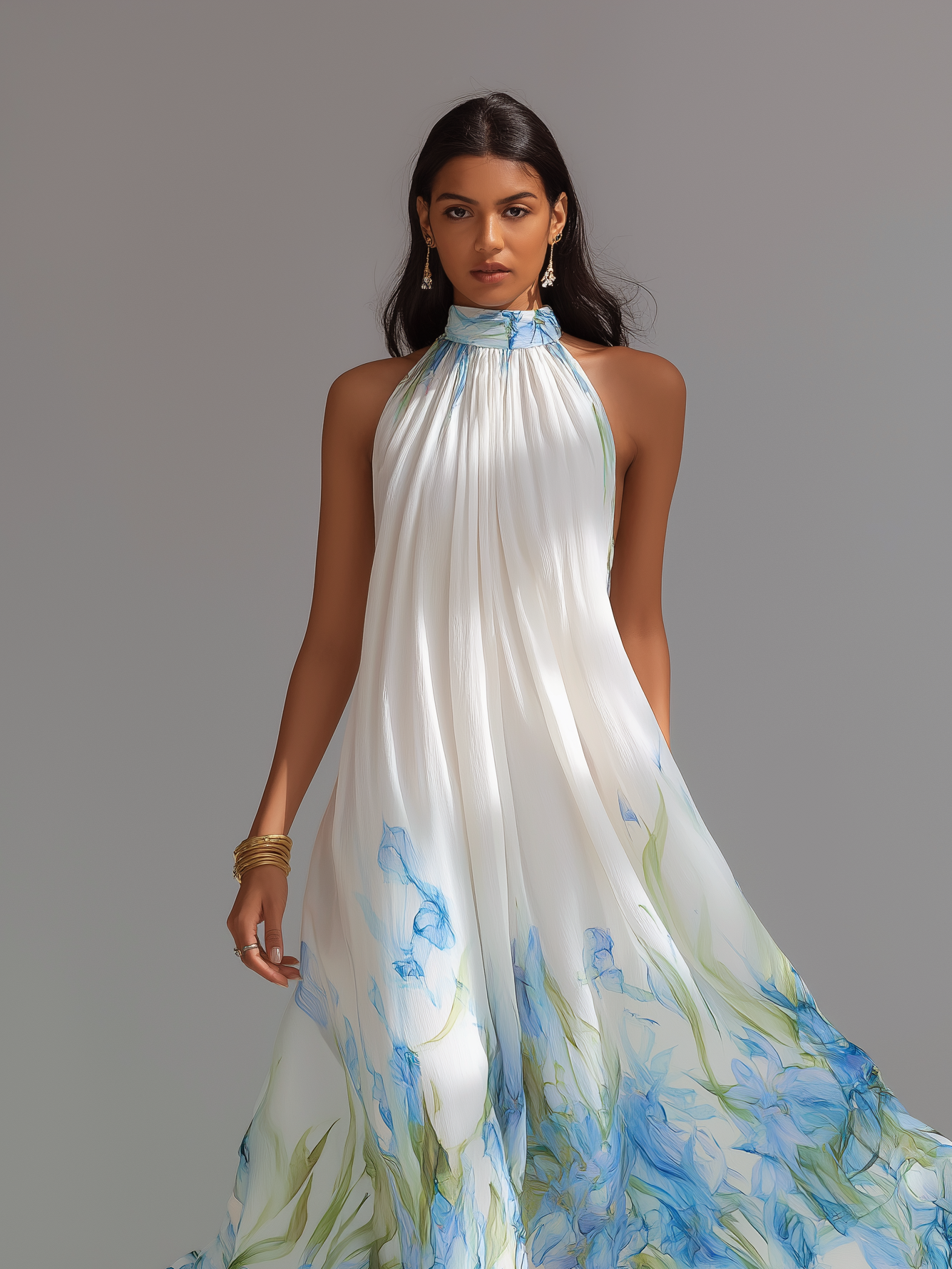 Women's Elegant White Printed Chiffon Halter-Neck Sleeveless Maxi Dress