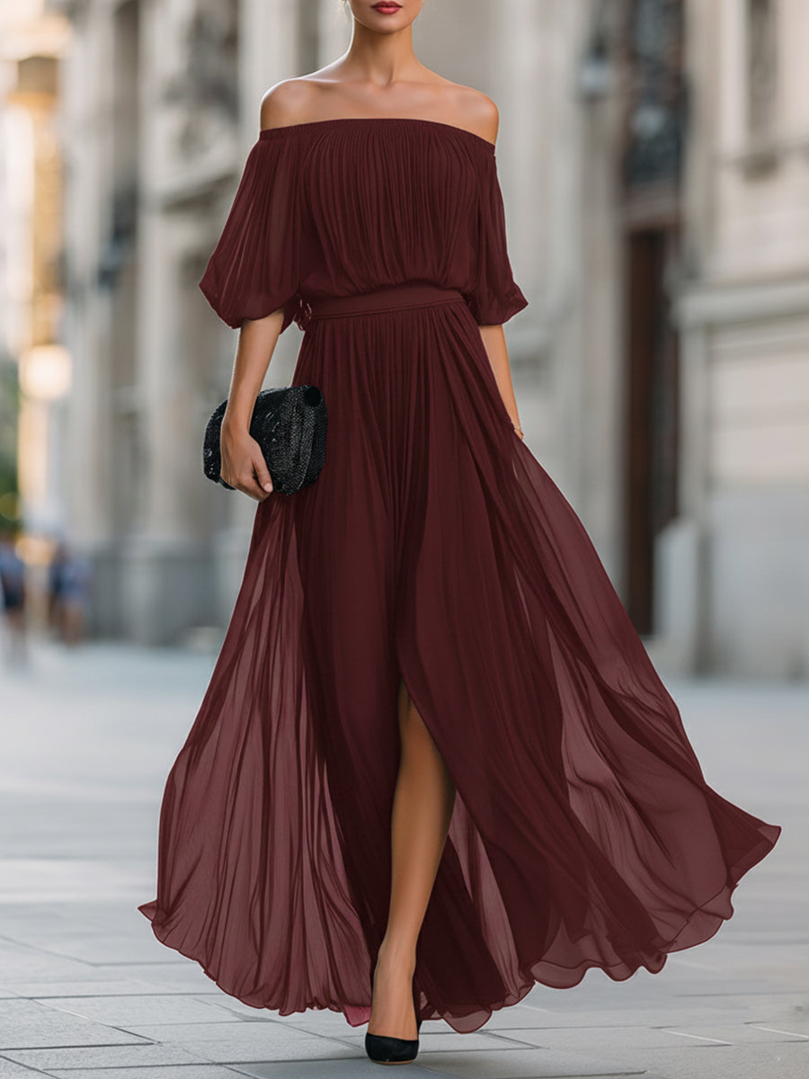 Off-Shoulder Pleated Chiffon Maxi Dress