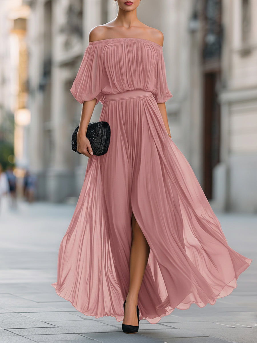 Off-Shoulder Pleated Chiffon Maxi Dress