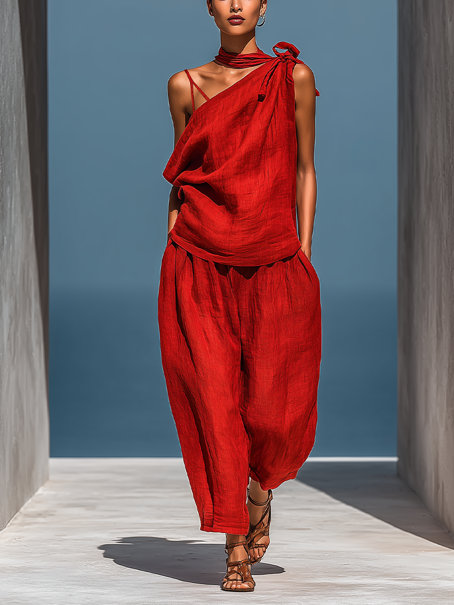 Women’s Red Linen Two-Piece Set: Asymmetrical One-Shoulder Top (Without Neck Scarf) & Wide-Leg Pants With Pockets