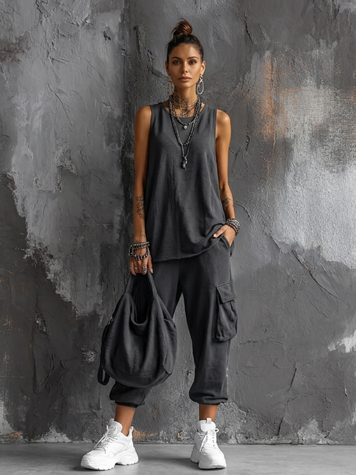 Women's Casual Style Dark Gray Cotton Blend Sleeveless Top + Jogger Cargo Pants Set