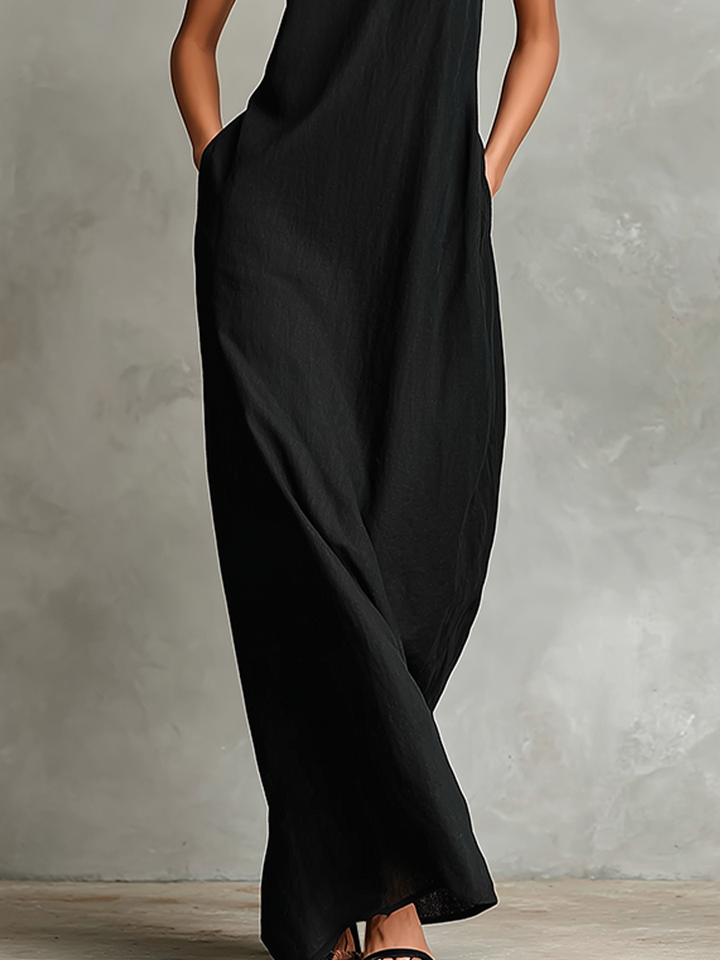 Women's Black Linen-Blend Maxi Dress With High Neck & Side Pockets, Timeless Minimalist Casual Dress