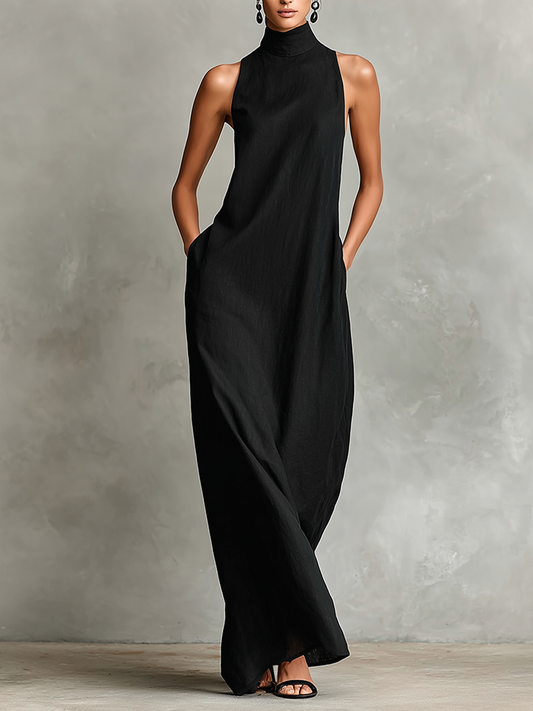 Women's Black Linen-Blend Maxi Dress With High Neck & Side Pockets, Timeless Minimalist Casual Dress
