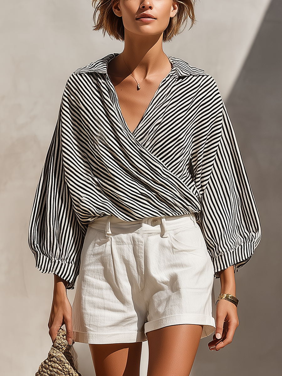 Women’s Black & White Striped Wrap Blouse & White High-Waisted Shorts Two-Piece Set