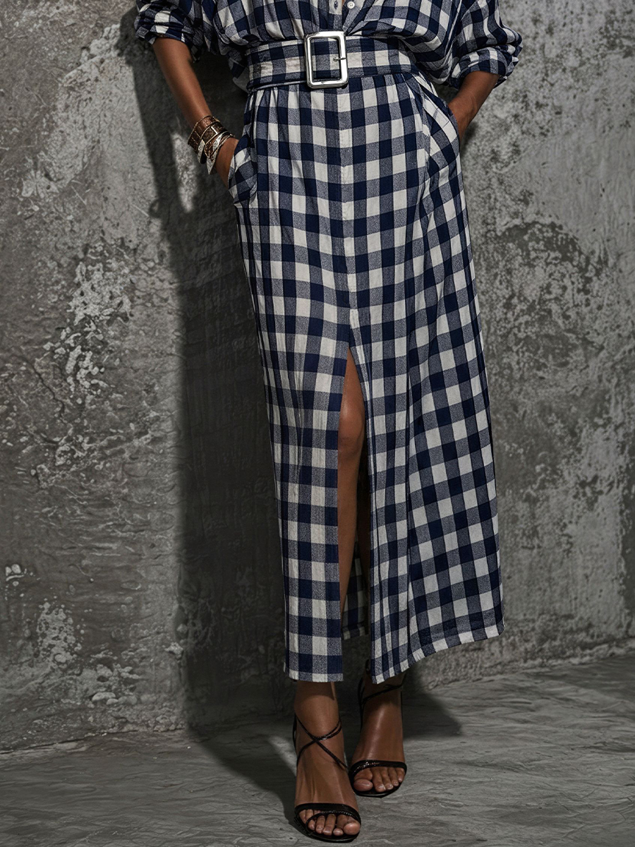Women's Casual Commuter Style Blue And White Plaid Cotton Belted Front Slit Maxi Shirt Dress