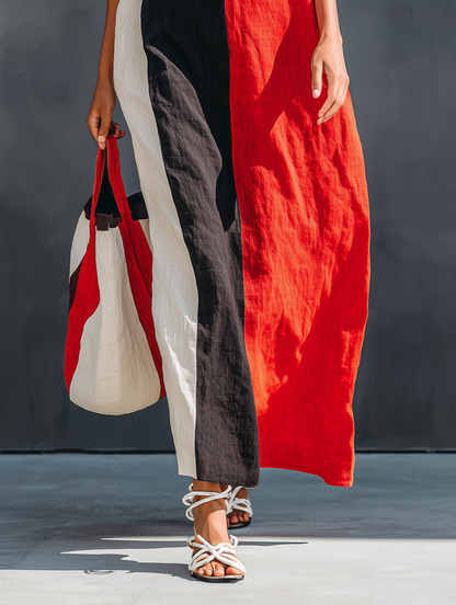 Women's Minimalist Color-Block Linen-Blend Maxi Dress With Square Neck And Spaghetti Straps