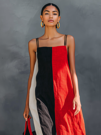 Women's Minimalist Color-Block Linen-Blend Maxi Dress With Square Neck And Spaghetti Straps