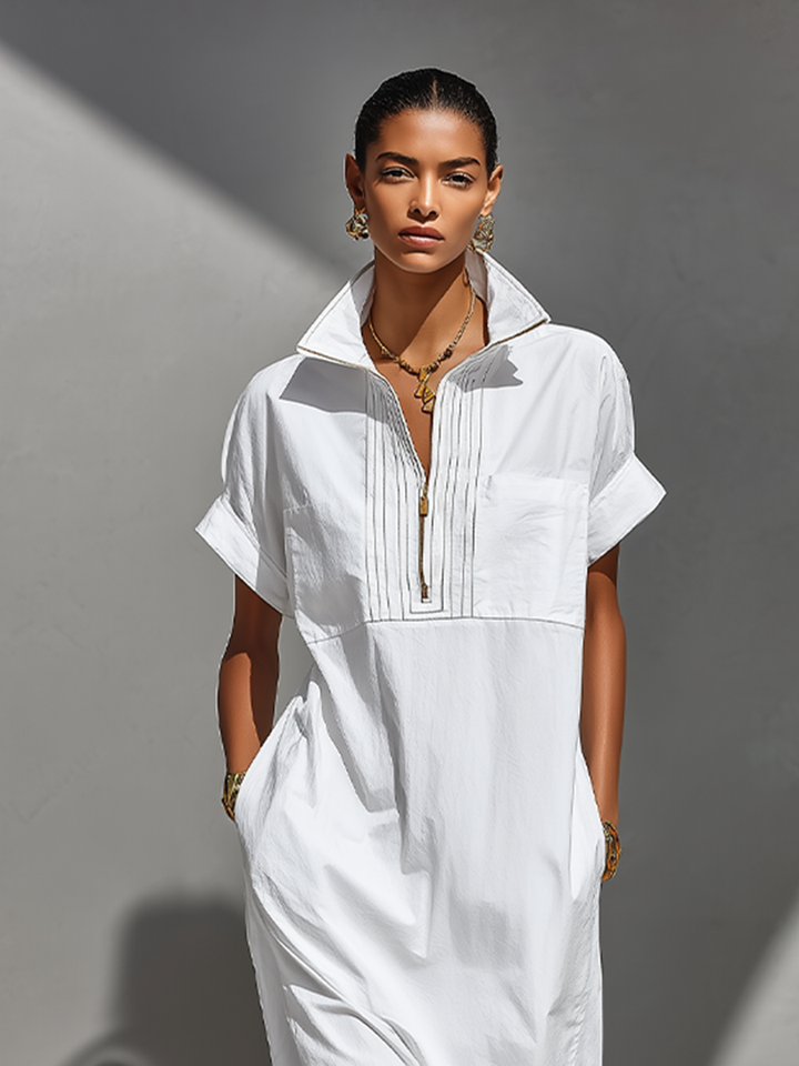 Women's White 100% Cotton Maxi Shirt Dress With Half-Zip Collar & Rolled Sleeves, Timeless Casual Everyday Dress