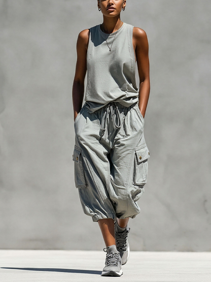 Women’s Grey Sleeveless Tank Top & Cargo Jogger Shorts Two-Piece Set
