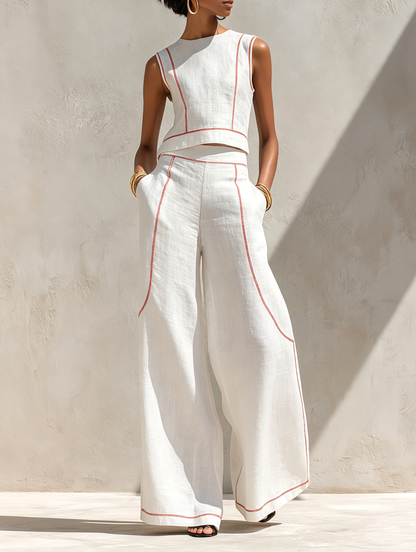Women's Minimalist Linen-Blend Contrast-Stitched Blouse & Wide-Leg Pants Set