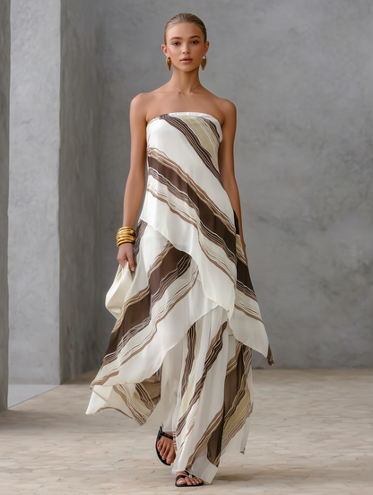 Women's Casual White And Brown Striped Chiffon Strapless Sleeveless Maxi Dress