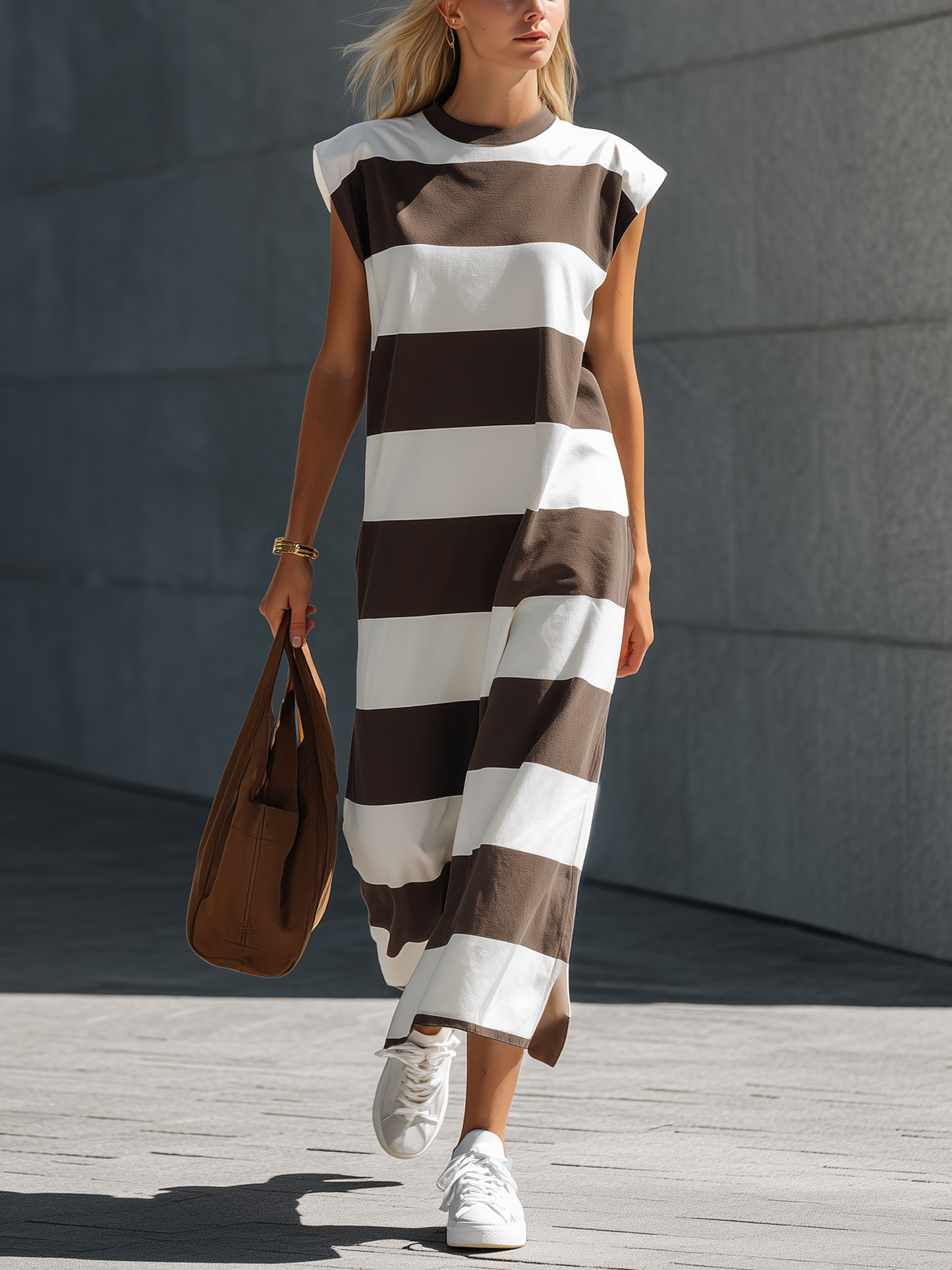 Women's Casual Brown & White Stretch-Knit Maxi Dress — Crew Neck, Sleeveless
