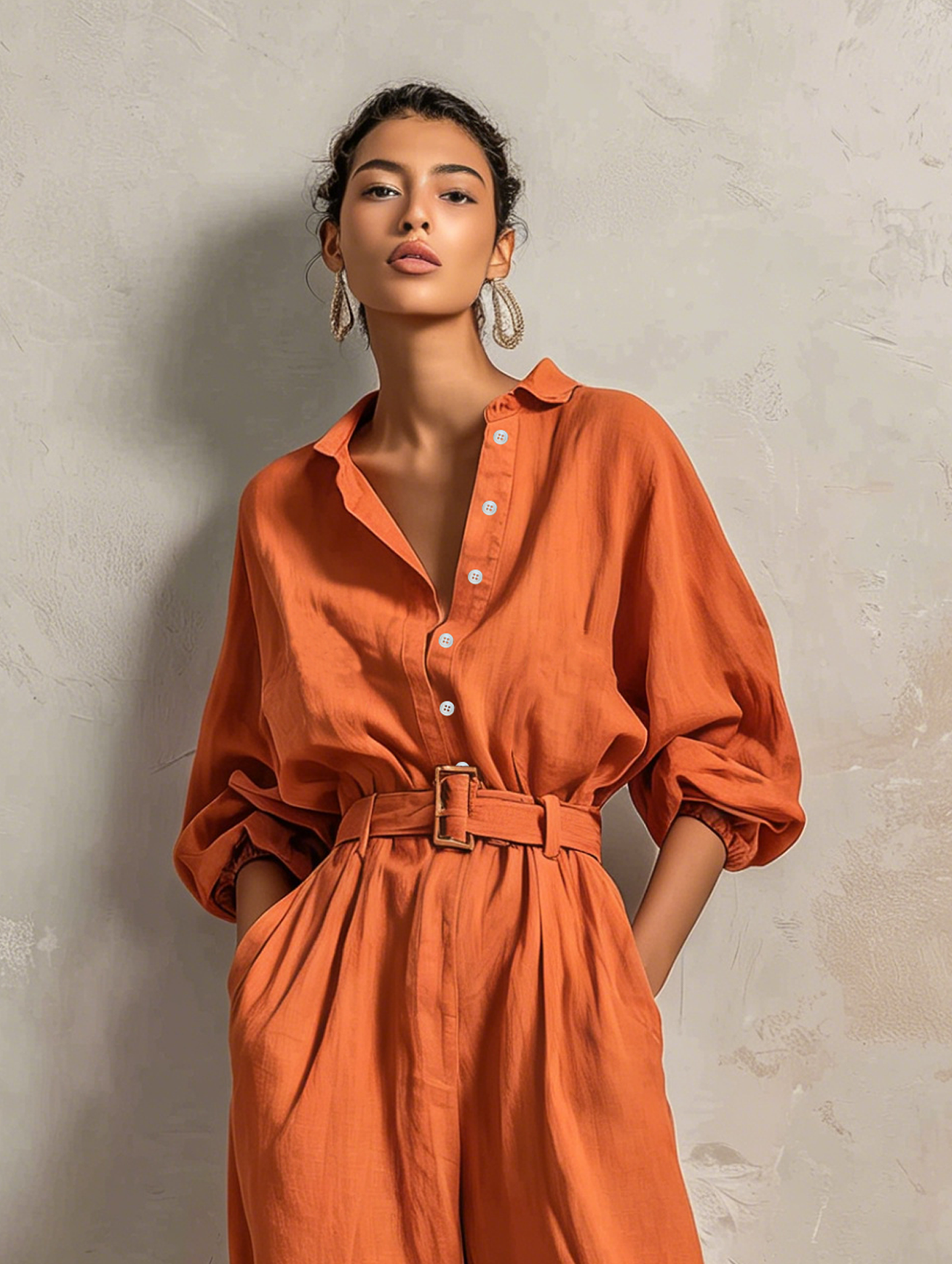 Women's Minimalist Cotton-Linen Jumpsuit With Belt — Wide-Leg Trousers And Mid-Length Sleeves