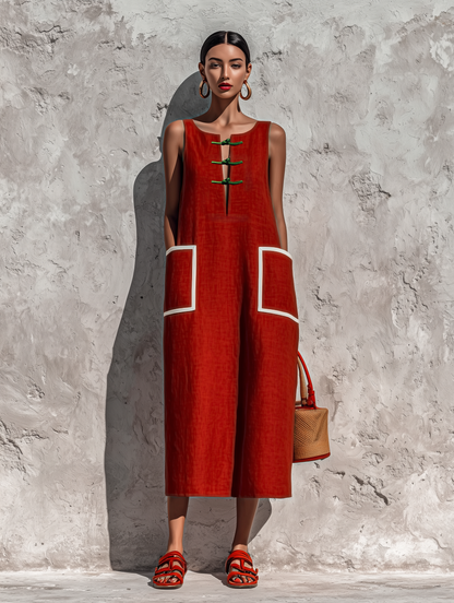 Women's Red Cotton-Linen Blend Sleeveless Midi Dress With Contrasting White Piping And Double Side Patch Pockets