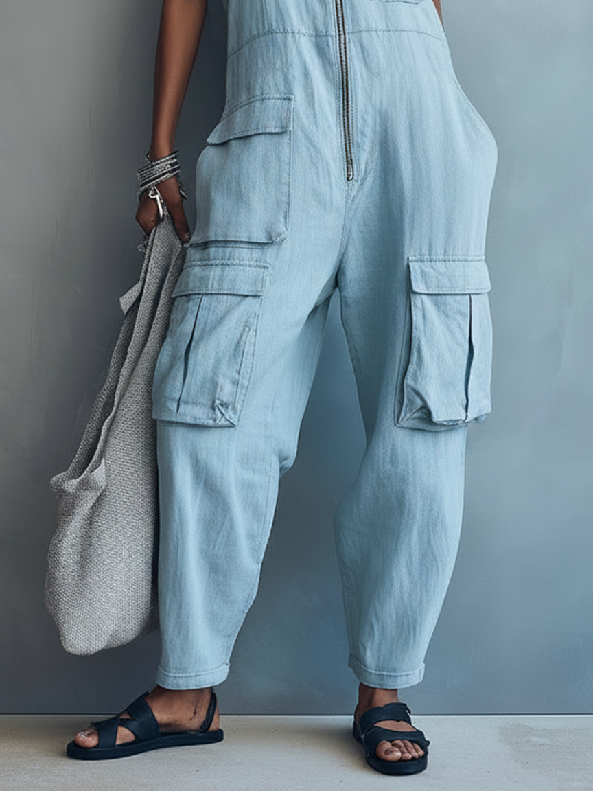 Women's Loose Casual Multi-Pocket Zipper Overalls