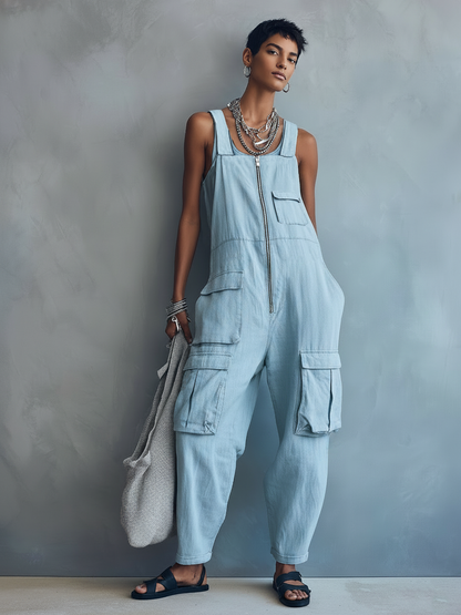 Women's Loose Casual Multi-Pocket Zipper Overalls