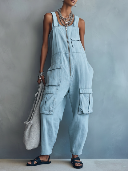 Women's Loose Casual Multi-Pocket Zipper Overalls