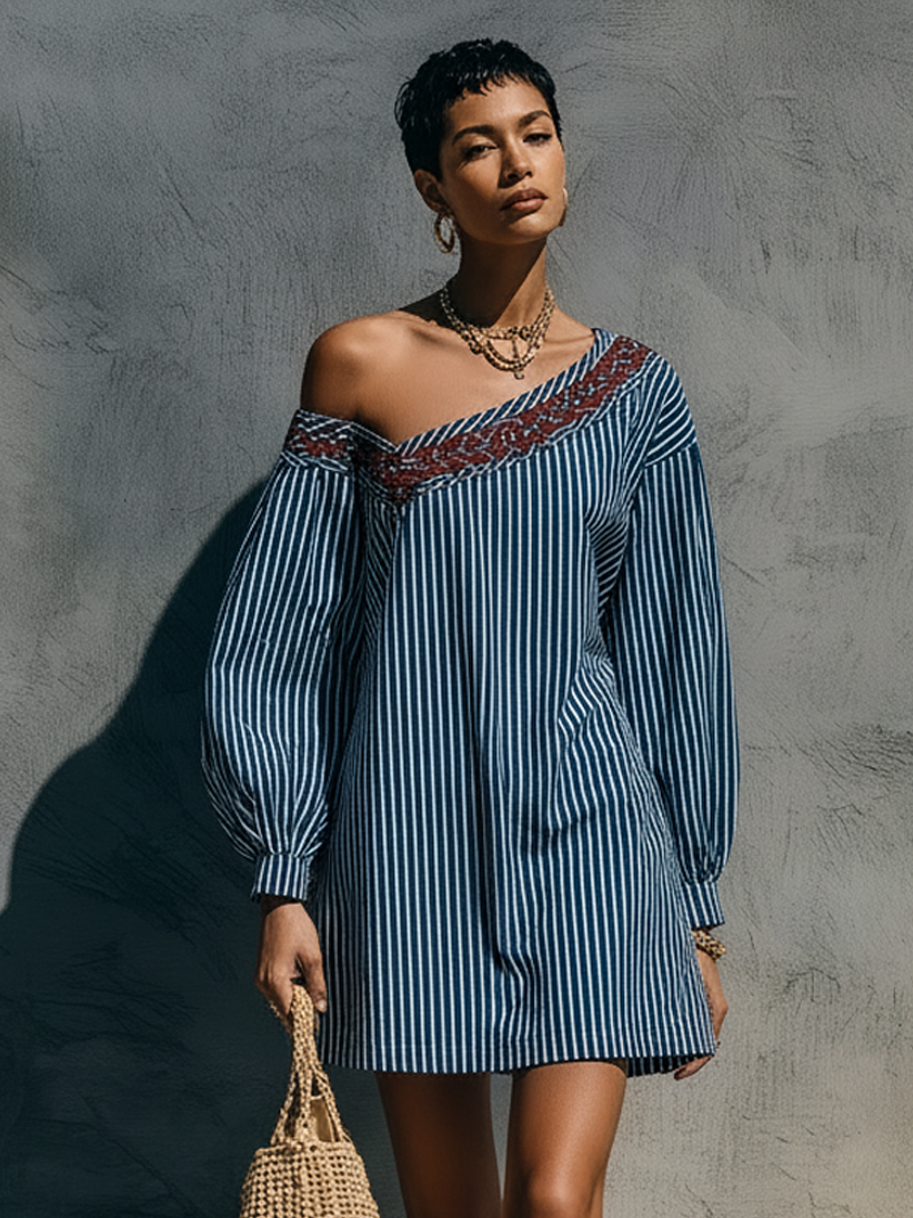 Women's Minimalist Striped One-Shoulder Long-Sleeve Embroidered Mini Dress