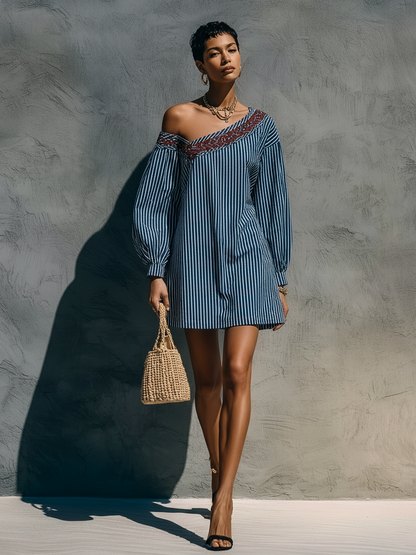 Women's Minimalist Striped One-Shoulder Long-Sleeve Embroidered Mini Dress