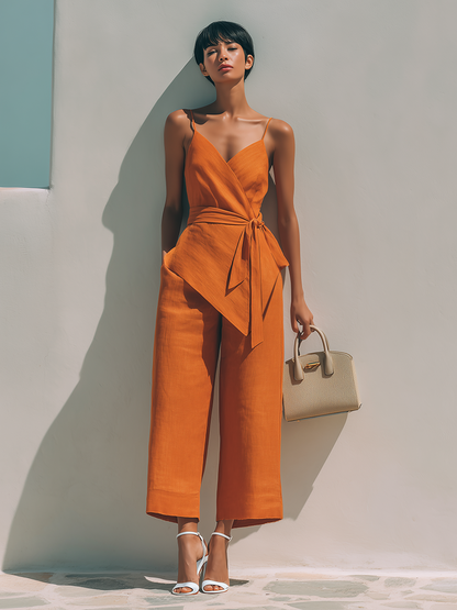 Women's Minimalist Linen-Blend Wrap-Front V-Neck Tie-Waist Sleeveless Cropped Jumpsuit