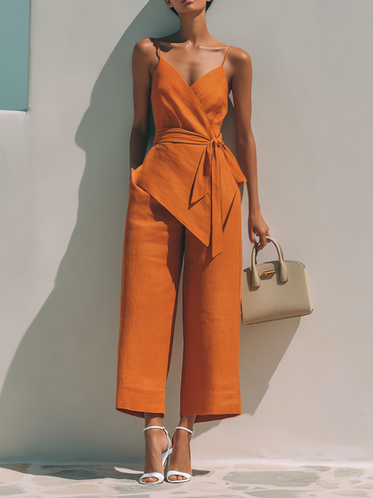 Women's Minimalist Linen-Blend Wrap-Front V-Neck Tie-Waist Sleeveless Cropped Jumpsuit