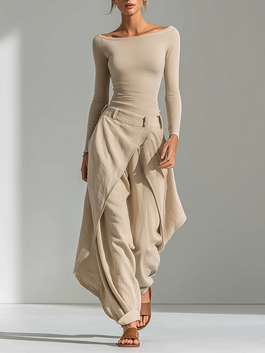 Women's Beige Ribbed Knit & Linen Two-Piece Set WithBoat Neck Top & Wrap Overlay Wide Leg Pants, Minimalist Neutral Resort Outfit