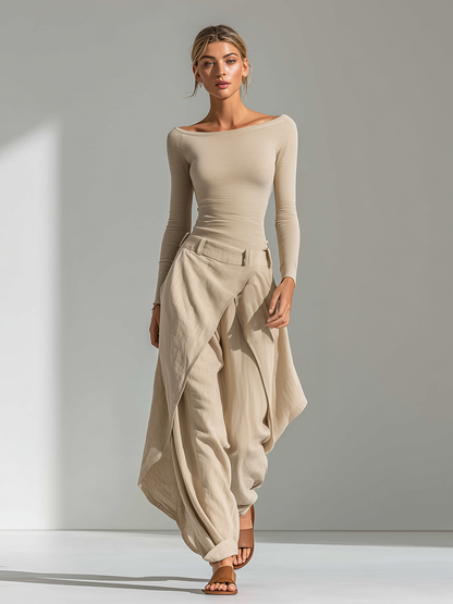 Women's Beige Ribbed Knit & Linen Two-Piece Set WithBoat Neck Top & Wrap Overlay Wide Leg Pants, Minimalist Neutral Resort Outfit