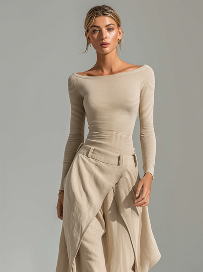 Women's Beige Ribbed Knit & Linen Two-Piece Set WithBoat Neck Top & Wrap Overlay Wide Leg Pants, Minimalist Neutral Resort Outfit