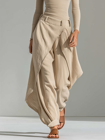 Women's Beige Ribbed Knit & Linen Two-Piece Set WithBoat Neck Top & Wrap Overlay Wide Leg Pants, Minimalist Neutral Resort Outfit