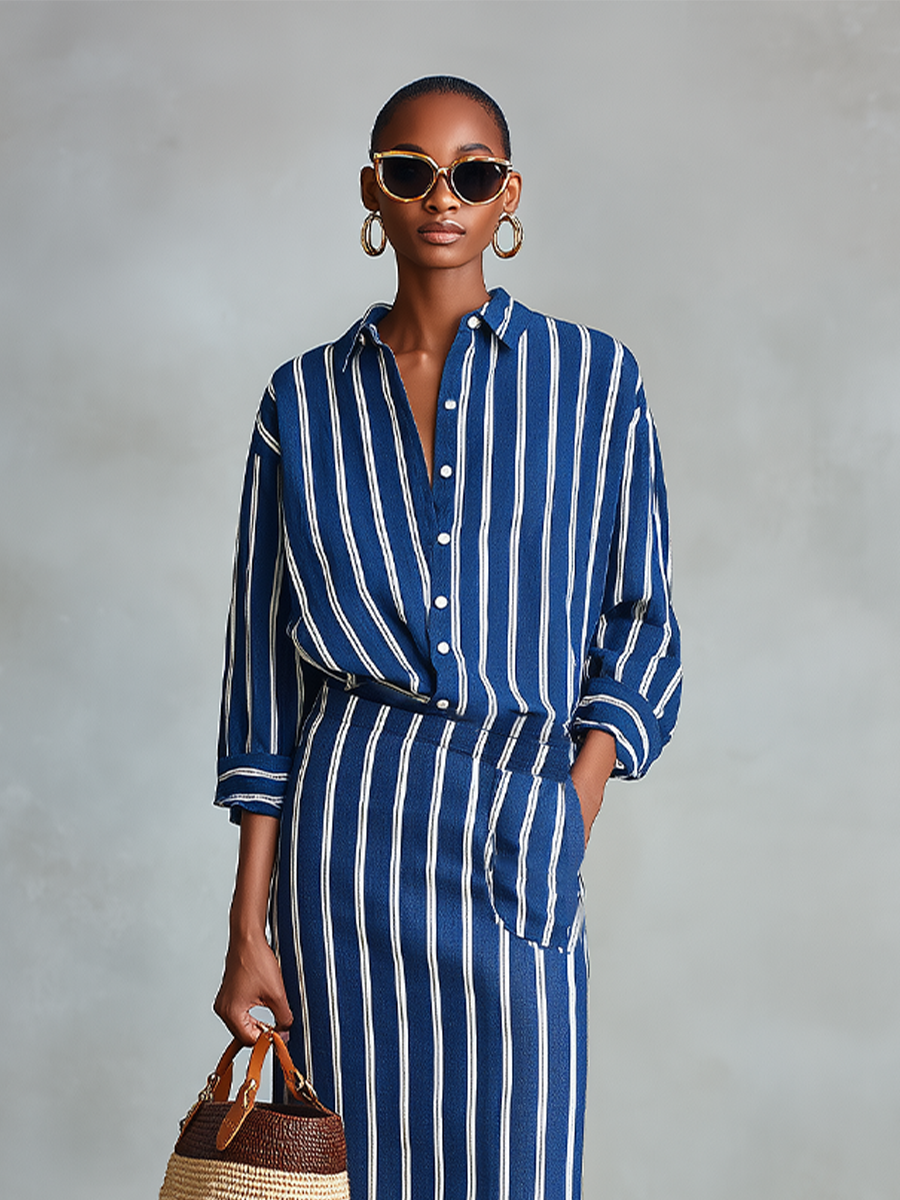 Women's Royal Blue White Stripe Cotton-Blend Co-Ord With Button Front Blouse & Elastic Waist Straight Maxi Skirt, Effortless-Chic Summer Daily Outfit