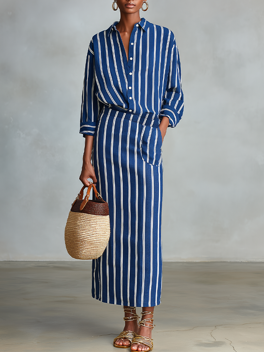 Women's Royal Blue White Stripe Cotton-Blend Co-Ord With Button Front Blouse & Elastic Waist Straight Maxi Skirt, Effortless-Chic Summer Daily Outfit