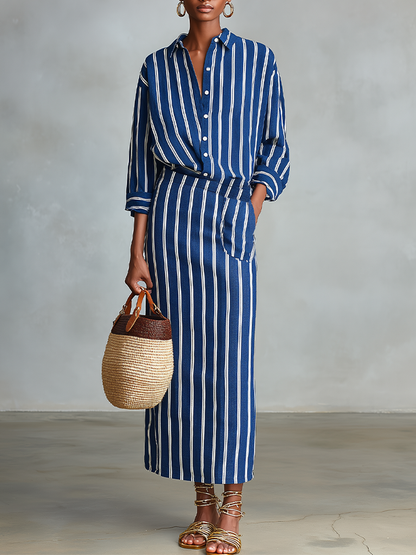 Women's Royal Blue White Stripe Cotton-Blend Co-Ord With Button Front Blouse & Elastic Waist Straight Maxi Skirt, Effortless-Chic Summer Daily Outfit