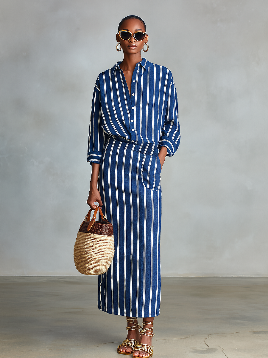 Women's Royal Blue White Stripe Cotton-Blend Co-Ord With Button Front Blouse & Elastic Waist Straight Maxi Skirt, Effortless-Chic Summer Daily Outfit