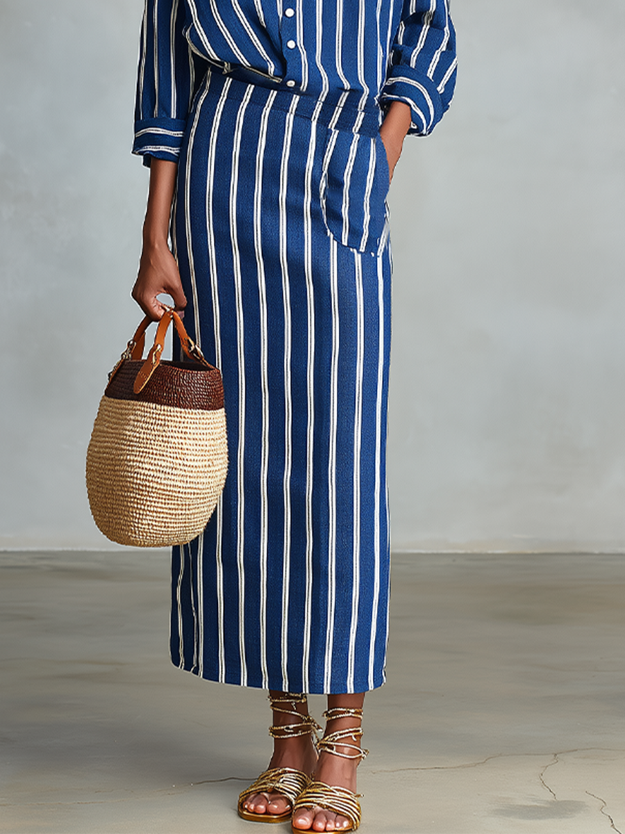 Women's Royal Blue White Stripe Cotton-Blend Co-Ord With Button Front Blouse & Elastic Waist Straight Maxi Skirt, Effortless-Chic Summer Daily Outfit