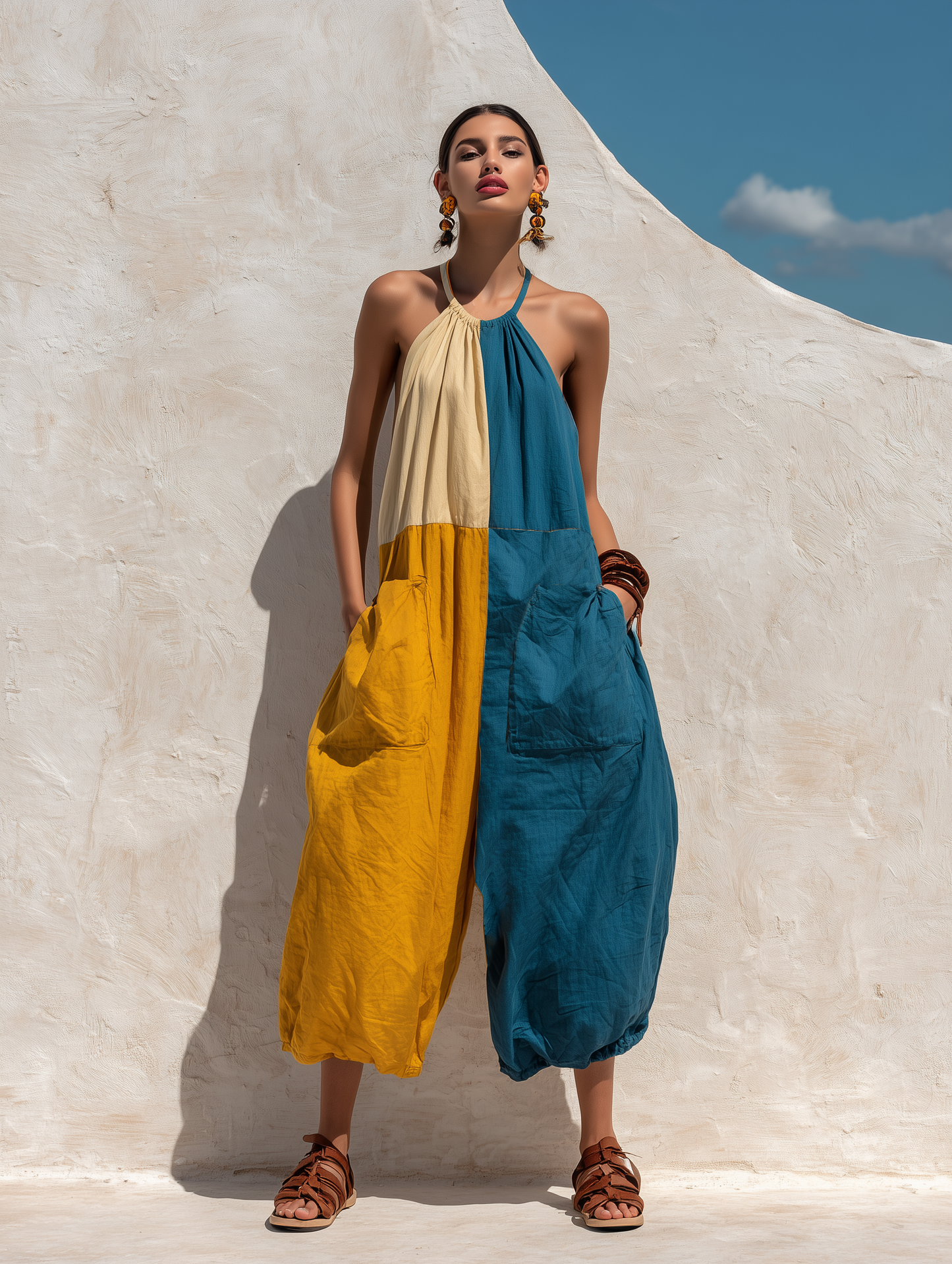 Women’s Boho Tri-Color Block Halter Sling Oversized Linen Baggy Jumpsuit With Big Cargo Pockets