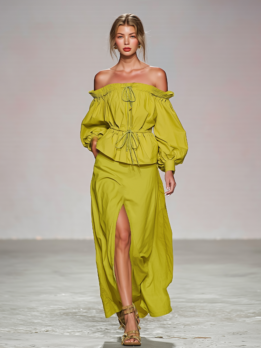 Women's Lime Green Cotton Two-Piece Set With Off Shoulder Puff Sleeve Drawstring Top & High Slit Maxi Skirt, Romantic Boho Summer Resort Outfit
