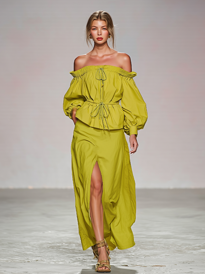 Women's Lime Green Cotton Two-Piece Set With Off Shoulder Puff Sleeve Drawstring Top & High Slit Maxi Skirt, Romantic Boho Summer Resort Outfit