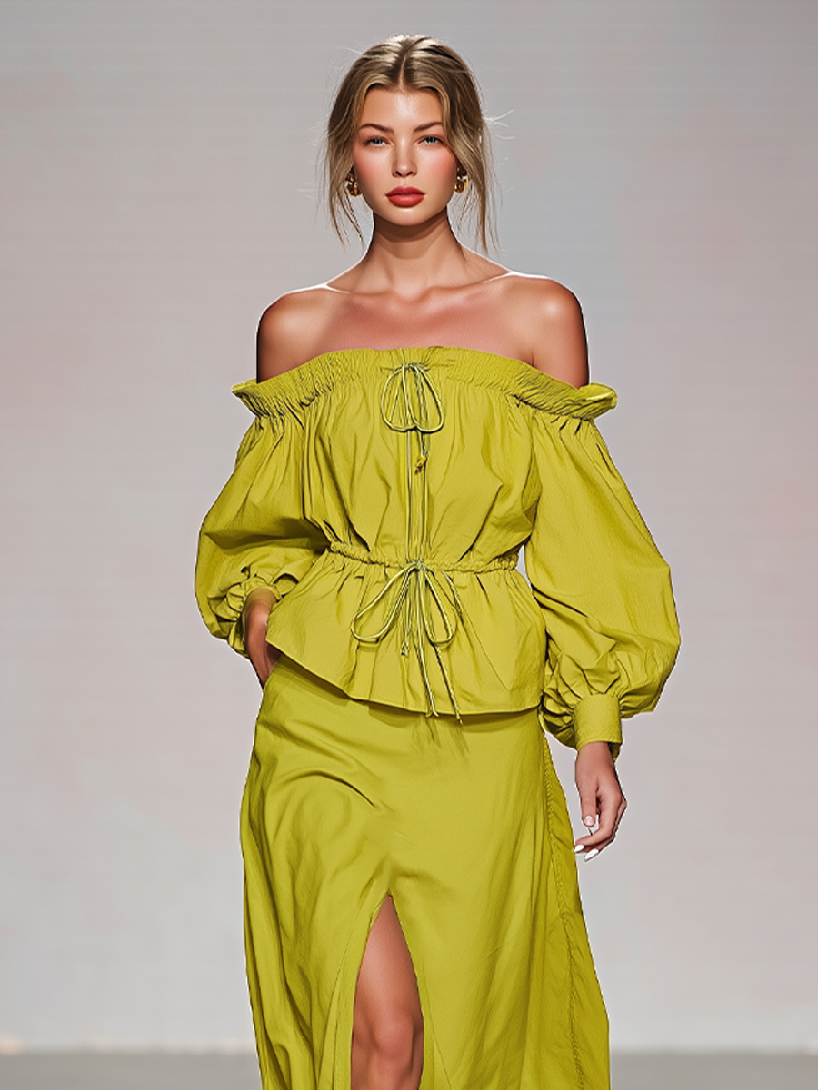 Women's Lime Green Cotton Two-Piece Set With Off Shoulder Puff Sleeve Drawstring Top & High Slit Maxi Skirt, Romantic Boho Summer Resort Outfit
