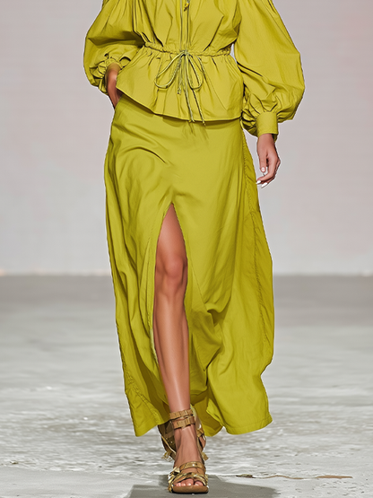 Women's Lime Green Cotton Two-Piece Set With Off Shoulder Puff Sleeve Drawstring Top & High Slit Maxi Skirt, Romantic Boho Summer Resort Outfit