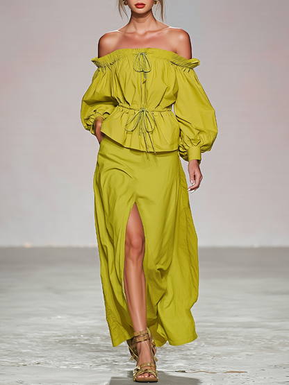 Women's Lime Green Cotton Two-Piece Set With Off Shoulder Puff Sleeve Drawstring Top & High Slit Maxi Skirt, Romantic Boho Summer Resort Outfit