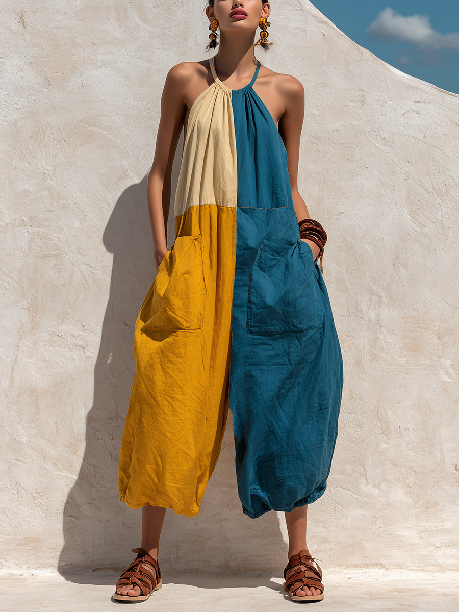 Women’s Boho Tri-Color Block Halter Sling Oversized Linen Baggy Jumpsuit With Big Cargo Pockets