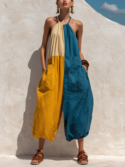 Women’s Boho Tri-Color Block Halter Sling Oversized Linen Baggy Jumpsuit With Big Cargo Pockets