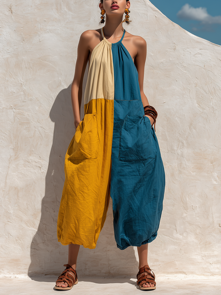 Women’s Boho Tri-Color Block Halter Sling Oversized Linen Baggy Jumpsuit With Big Cargo Pockets