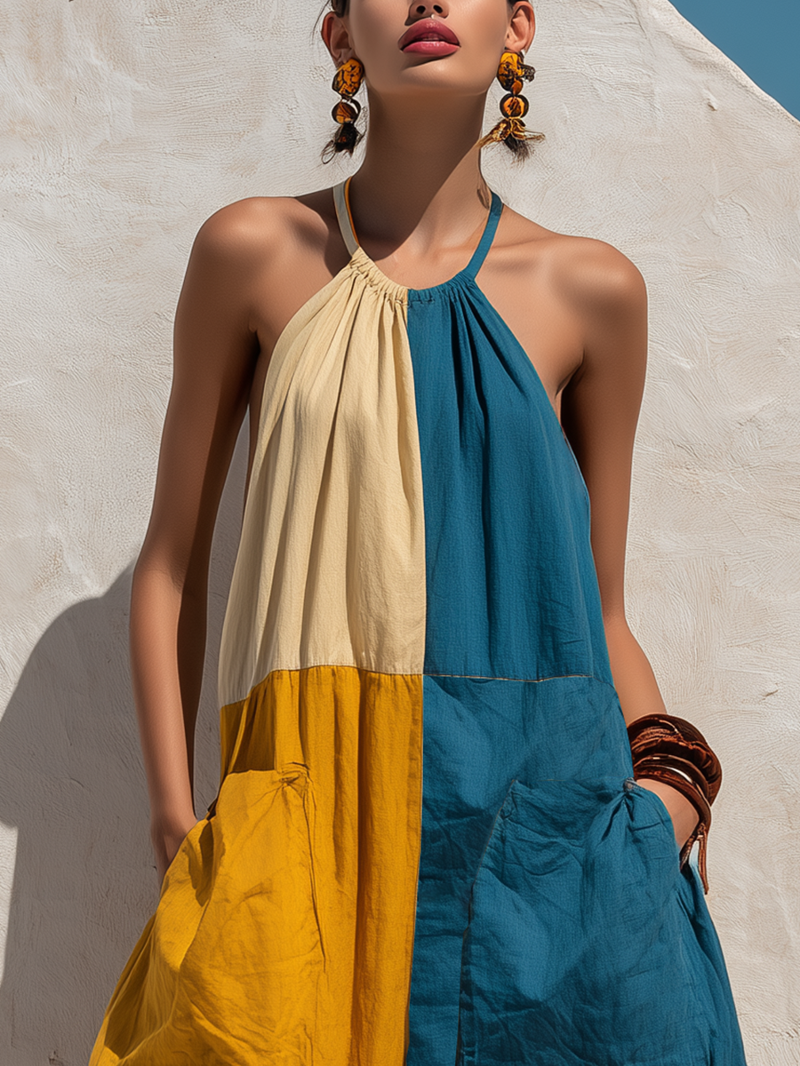 Women’s Boho Tri-Color Block Halter Sling Oversized Linen Baggy Jumpsuit With Big Cargo Pockets