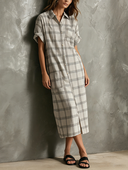 Women's Casual Light Gray Plaid Cotton-Linen Short-Sleeve Shirt Maxi Dress
