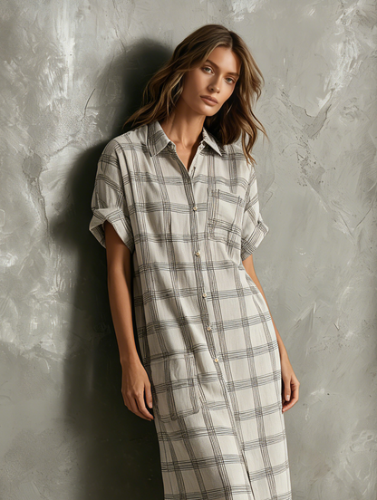 Women's Casual Light Gray Plaid Cotton-Linen Short-Sleeve Shirt Maxi Dress