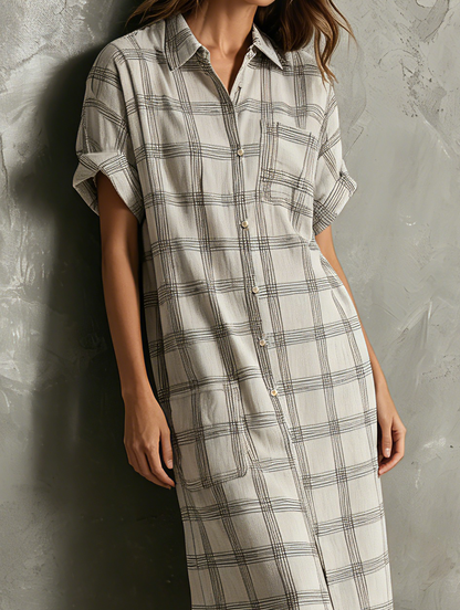 Women's Casual Light Gray Plaid Cotton-Linen Short-Sleeve Shirt Maxi Dress