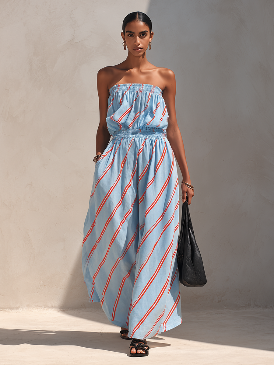 Women's Minimalist Blue & Red Diagonal Stripe Strapless Maxi Dress