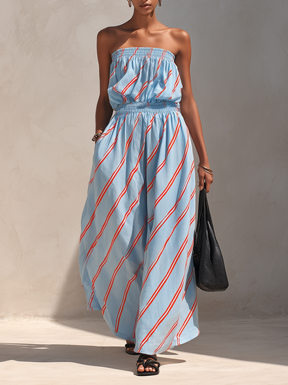 Women's Minimalist Blue & Red Diagonal Stripe Strapless Maxi Dress
